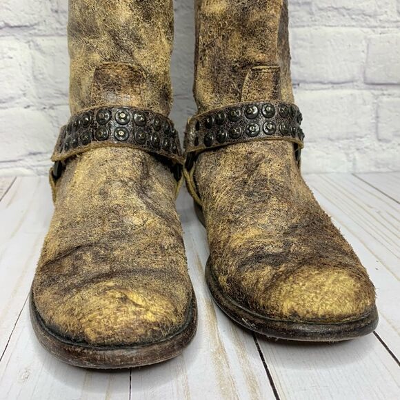 FRYE Phillip studded harness tall boots in chocolate glazed vintage leather - Picture 6 of 16